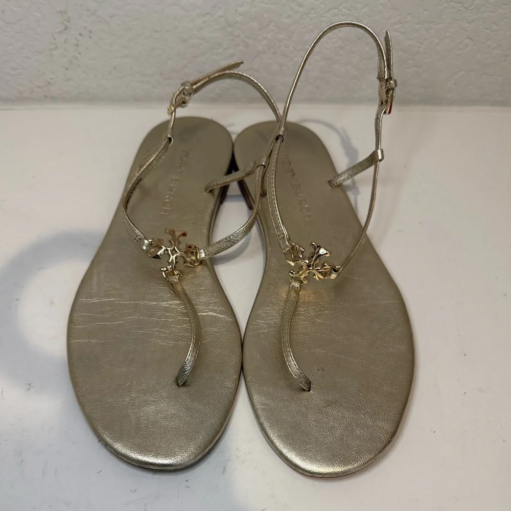 TORY BURCH Capri Strap Sandal Spark Gold Size 8 T-Strap Thong Metallic Logo